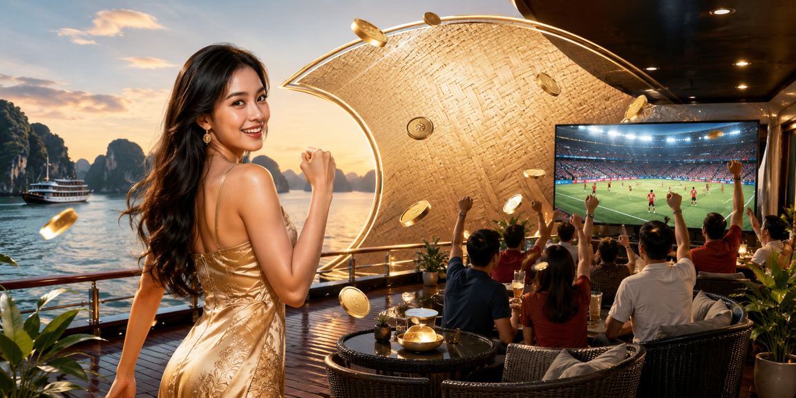 Cảnh vịnh Hạ Long lúc hoàng hôn với người dùng kiểm tra bonus hoàn tiền trên điện thoại