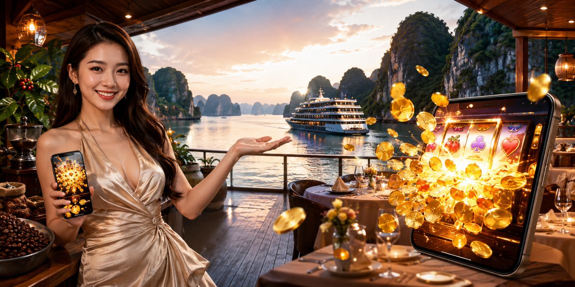 Khung cảnh vịnh Hạ Long với người dùng cầm điện thoại mở ứng dụng cá cược và theo dõi kèo thể thao