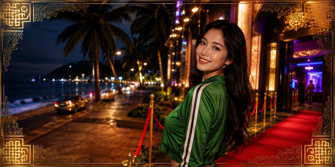 Khung cảnh bãi biển Mũi Né khi hoàng hôn với không khí giải trí casino sôi động